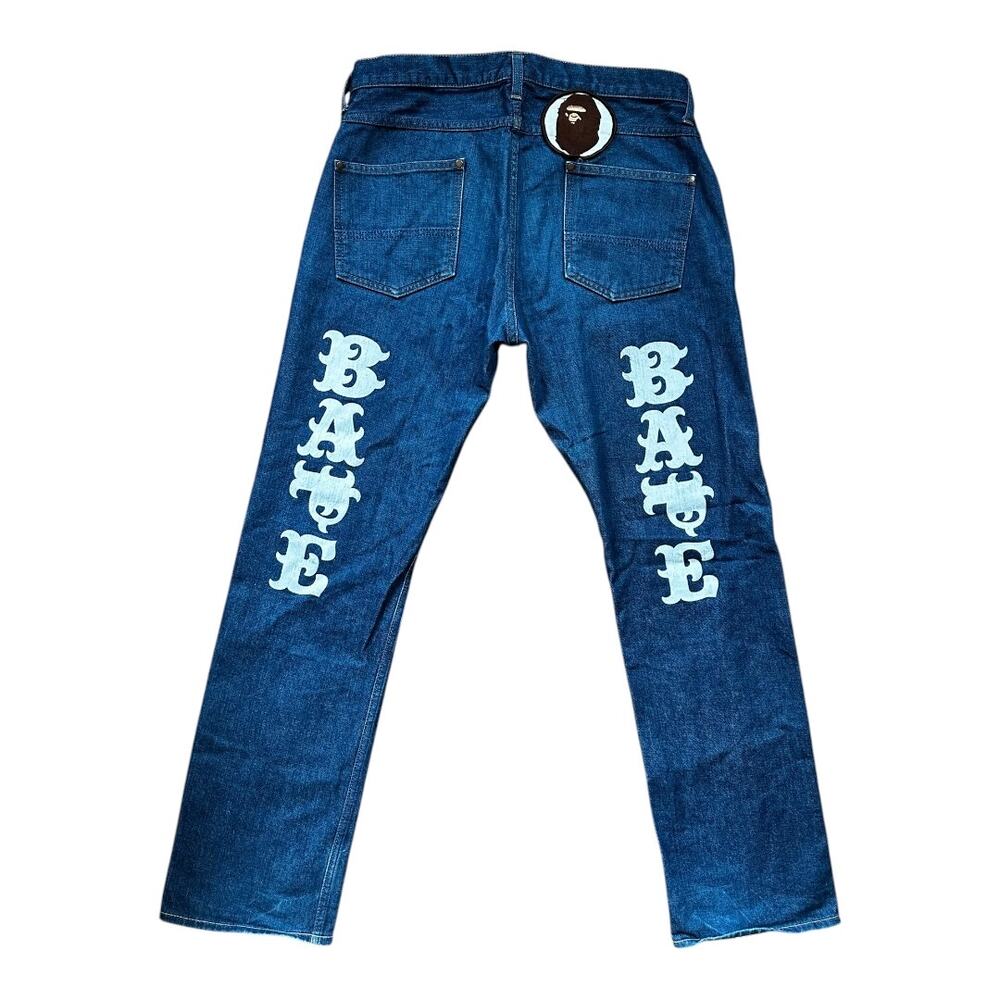32" Waist M Bape Spellout Print Jeans Dark Rinse